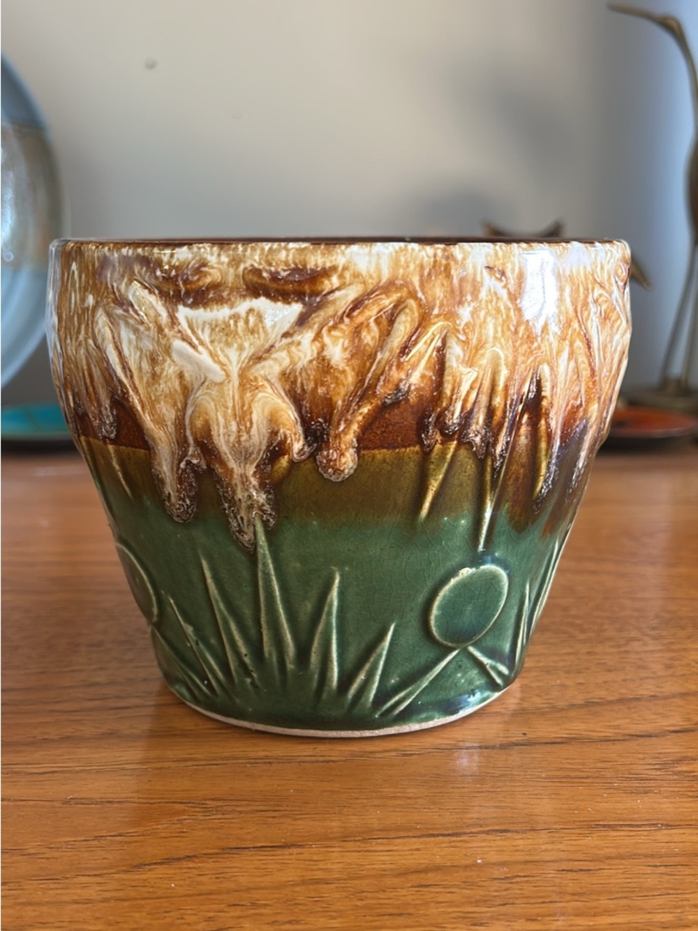 Robinson-Ransbottom Green and Brown Drip-Glaze Ceramic Planter